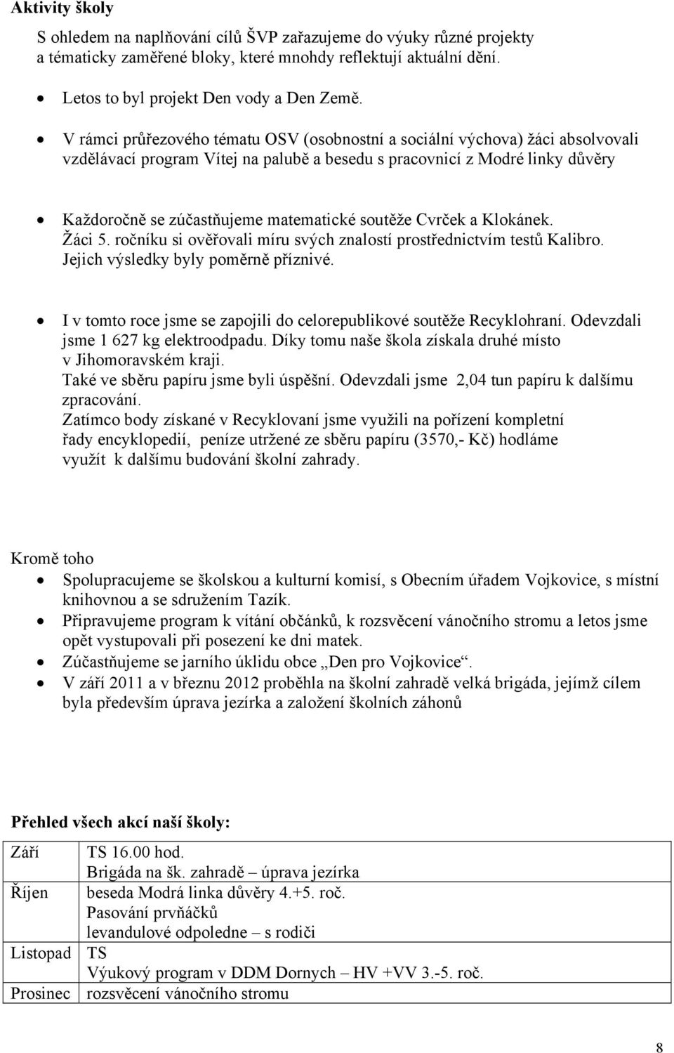soutěže Cvrček a Klokánek. Žáci 5. ročníku si ověřovali míru svých znalostí prostřednictvím testů Kalibro. Jejich výsledky byly poměrně příznivé.