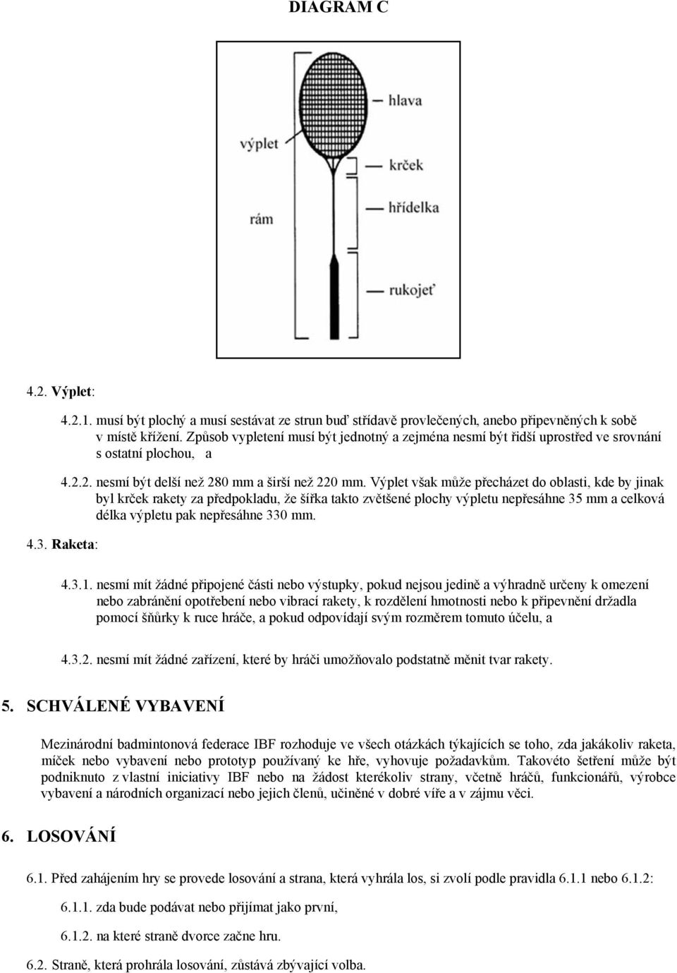 Výplet však může přecházet do oblasti, kde by jinak byl krček rakety za předpokladu, že šířka takto zvětšené plochy výpletu nepřesáhne 35 mm a celková délka výpletu pak nepřesáhne 330 mm. 4.3. Raketa: 4.