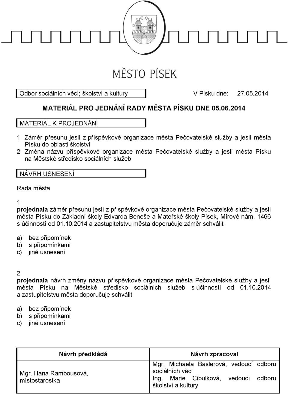 Změna názvu příspěvkové organizace města Pečovatelské služby a jeslí města Písku na Městské středisko sociálních služeb NÁVRH USNESENÍ Rada města 1.