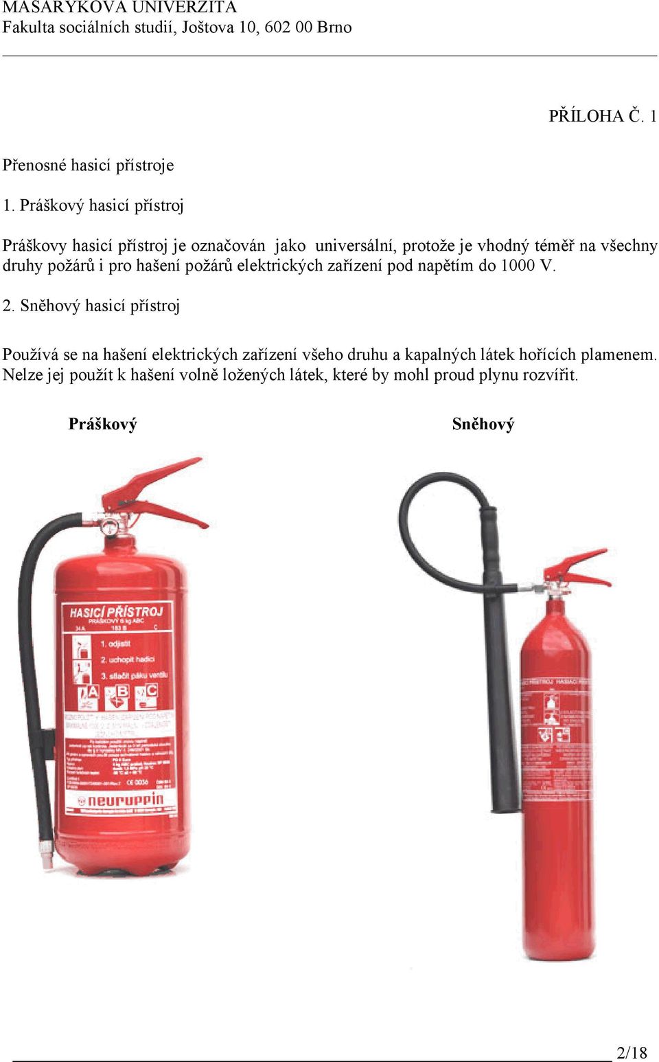 všechny druhy požárů i pro hašení požárů elektrických zařízení pod napětím do 1000 V. 2.