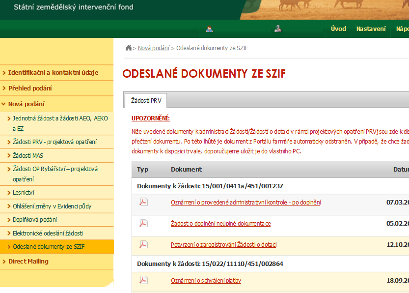 Schránka Portálu farmáře nepřečtené zprávy Dokumenty jsou