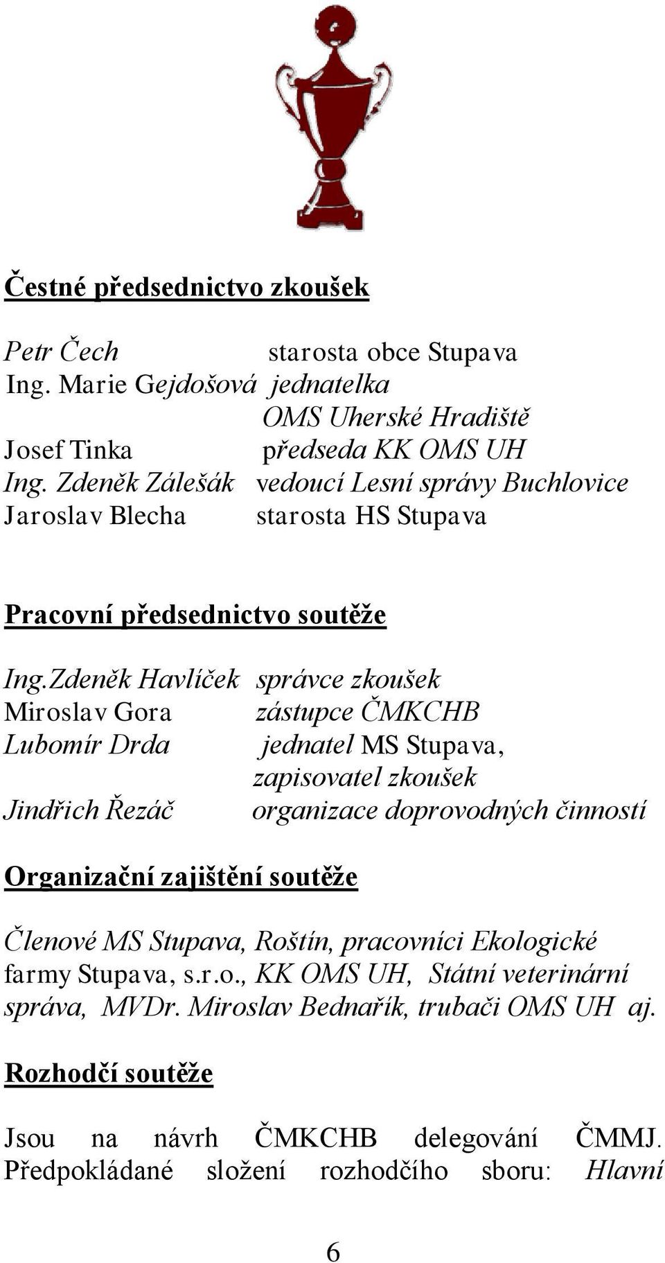 Zdeněk Havlíček správce zkoušek Miroslav Gora zástupce ČMKCHB Lubomír Drda jednatel MS Stupava, zapisovatel zkoušek Jindřich Řezáč organizace doprovodných činností Organizační