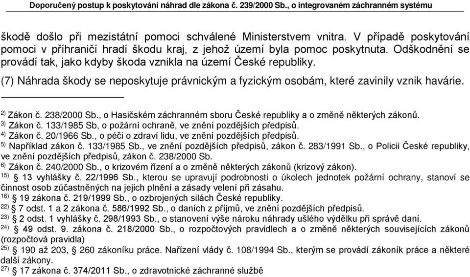 , o Hasičském záchranném sboru České republiky a o změně některých zákonů. 3) Zákon č. 133/1985 Sb, o požární ochraně, ve znění pozdějších předpisů. 4) Zákon č. 20/1966 Sb.