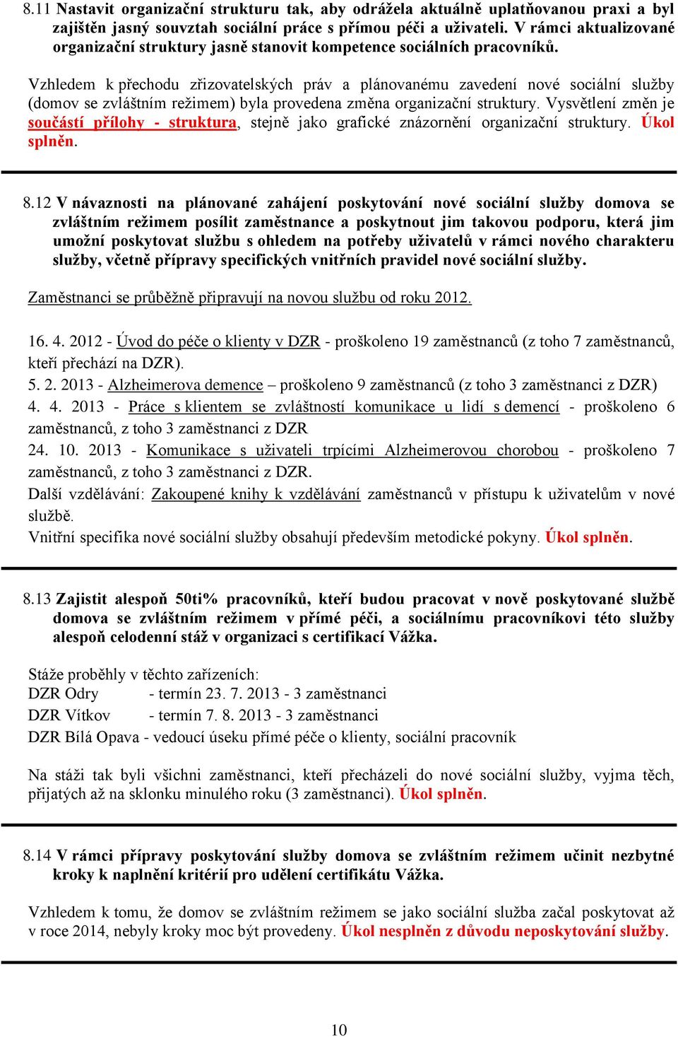 Vzhledem k přechodu zřizovatelských práv a plánovanému zavedení nové sociální služby (domov se zvláštním režimem) byla provedena změna organizační struktury.