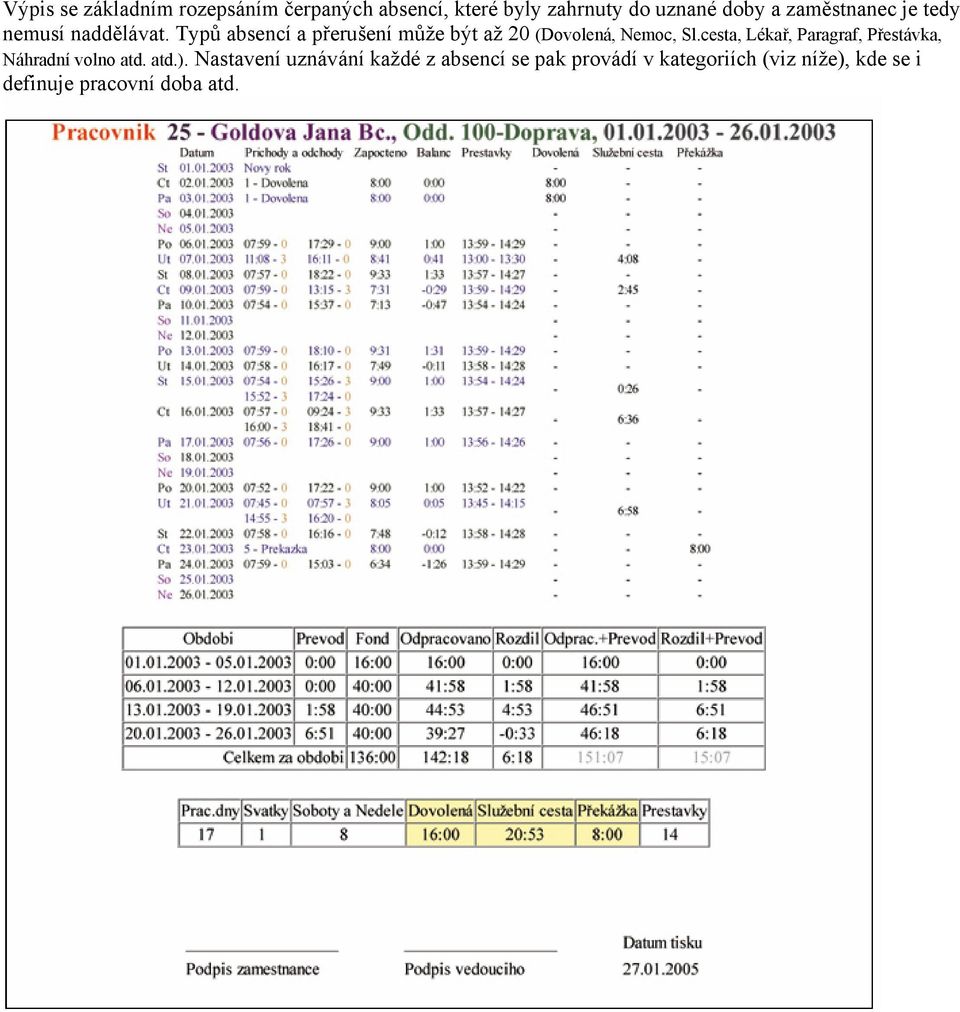 Typů absencí a přerušení může být až 20 (Dovolená, Nemoc, Sl.