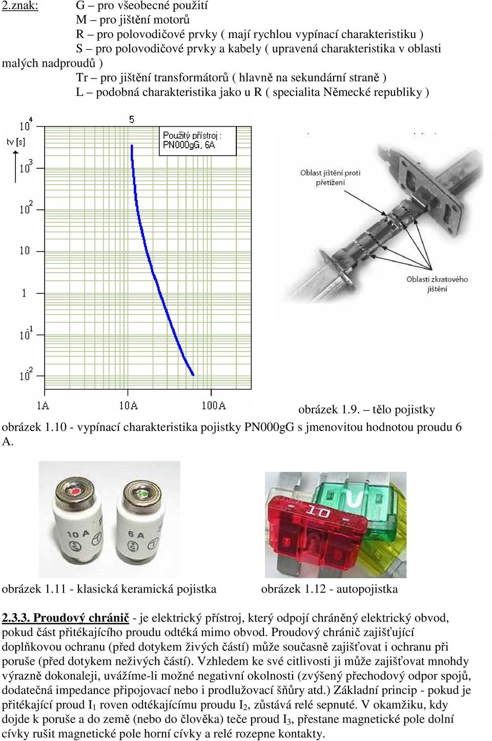 10 - vypínací charakteristika pojistky PN000gG s jmenovitou hodnotou proudu 6 A. obrázek 1.11 - klasická keramická pojistka obrázek 1.12 - autopojistka 2.3.