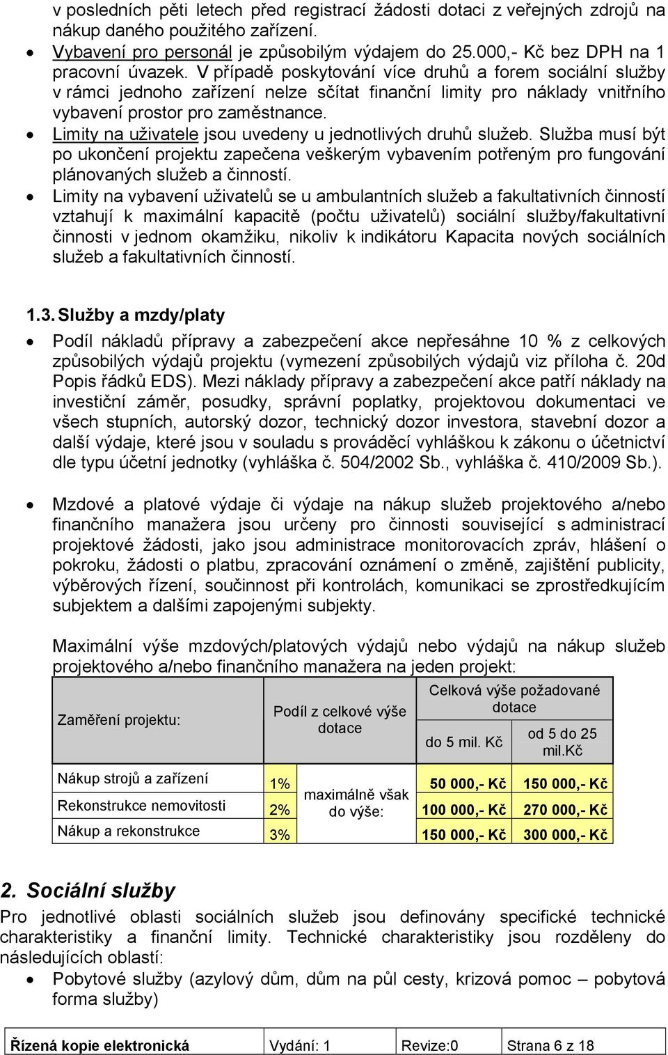 Limity na uživatele jsou uvedeny u jednotlivých druhů služeb. Služba musí být po ukončení projektu zapečena veškerým vybavením potřeným pro fungování plánovaných služeb a činností.