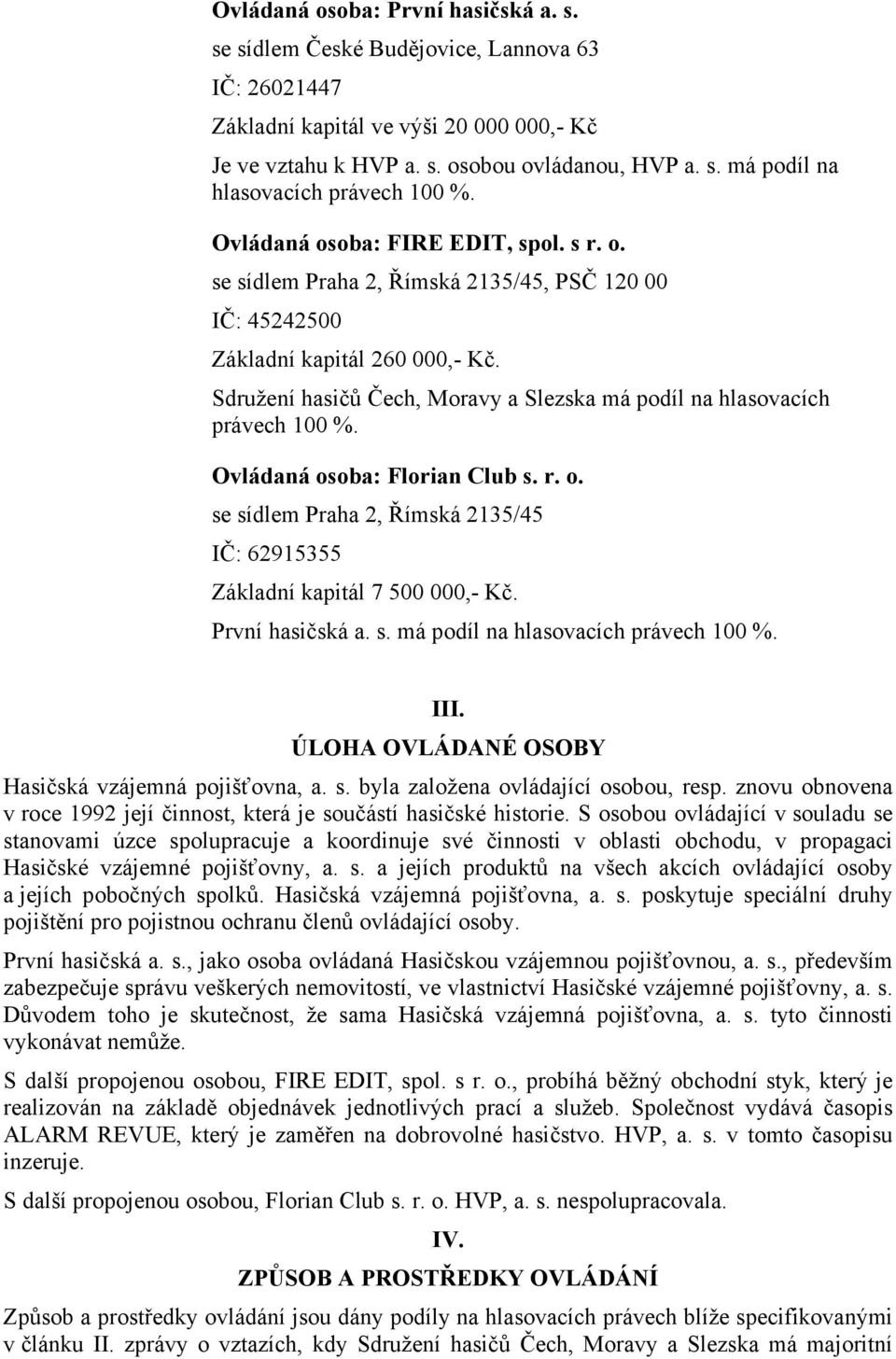Sdružení hasičů Čech, Moravy a Slezska má podíl na hlasovacích právech 100 %. Ovládaná osoba: Florian Club s. r. o. se sídlem Praha 2, Římská 2135/45 IČ: 62915355 Základní kapitál 7 500 000,- Kč.