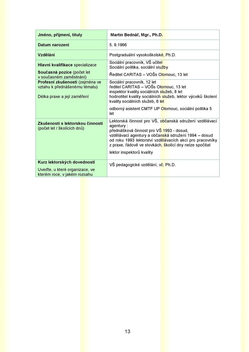 lektorskou činností (počet let / školících dnů) Kurz lektorských dovedností Uveďte, u které organizace, ve kterém roce, v jakém rozsahu Postgraduální vysokoškolské, Ph.D.