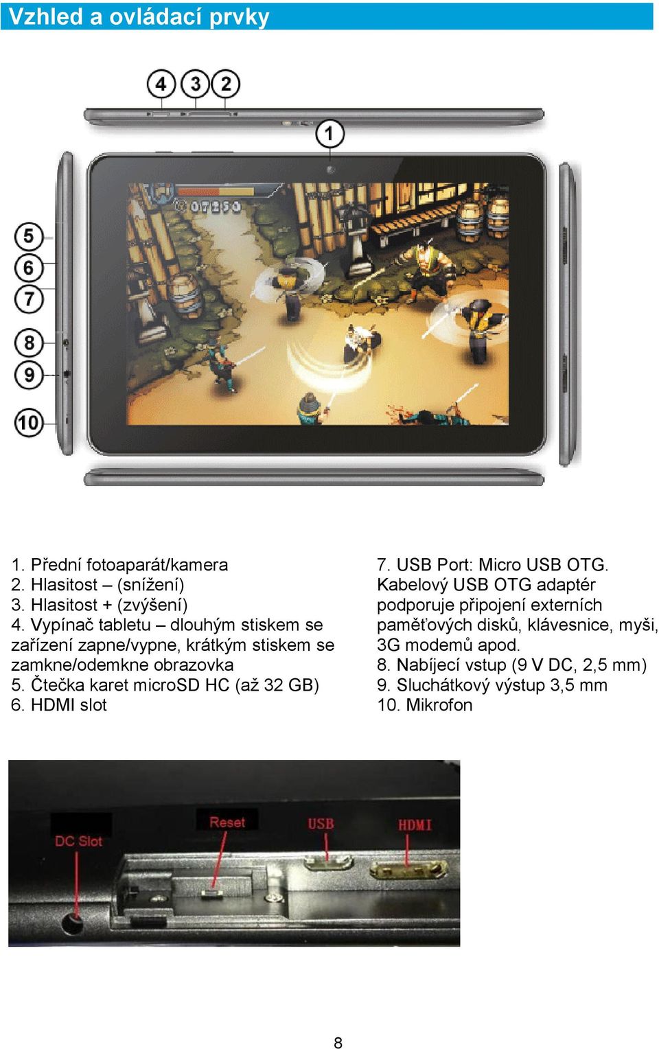 Čtečka karet microsd HC (až 32 GB) 6. HDMI slot 7. USB Port: Micro USB OTG.