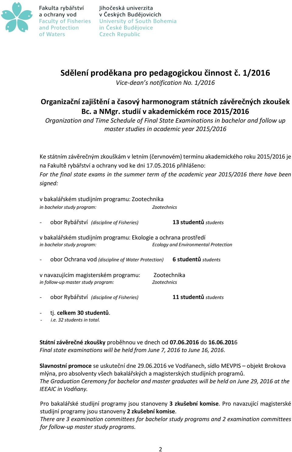 letním (červnovém) termínu akademického roku 2015/2016 je na Fakultě rybářství a ochrany vod ke dni 17.05.
