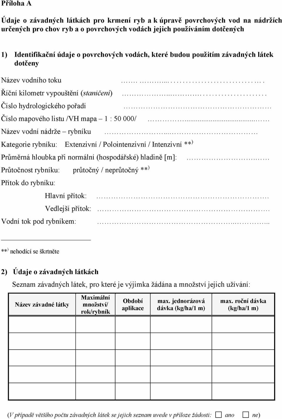 .. Název vodní nádrže - rybníku... Kategorie rybníku: Extenzivní / Polointenzivní / Intenzivní **) Průměrná hloubka při normální (hospodářské) hladině [m]:.