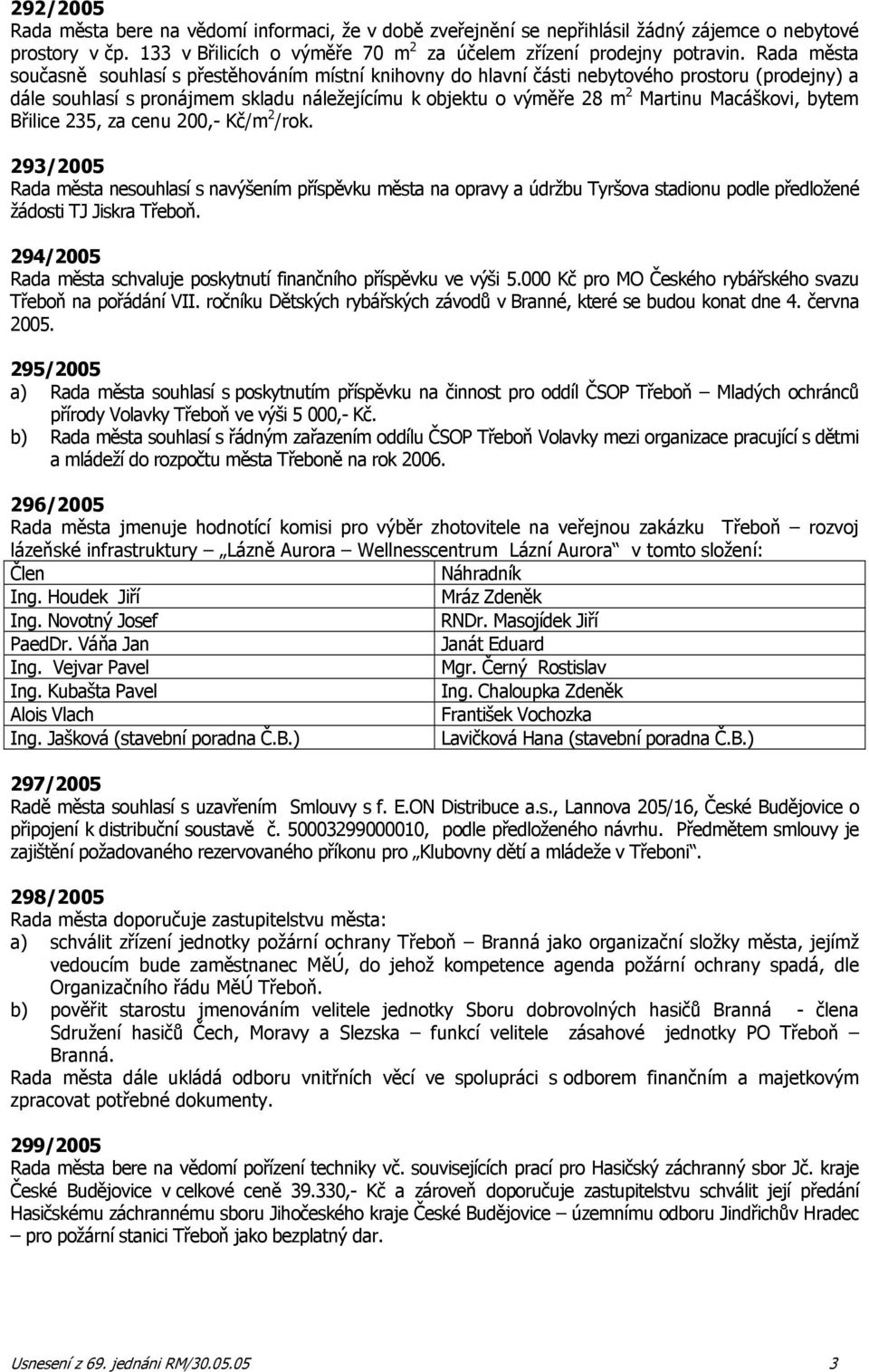 Macáškovi, bytem Břilice 235, za cenu 200,- Kč/m 2 /rok. 293/2005 Rada města nesouhlasí s navýšením příspěvku města na opravy a údržbu Tyršova stadionu podle předložené žádosti TJ Jiskra Třeboň.