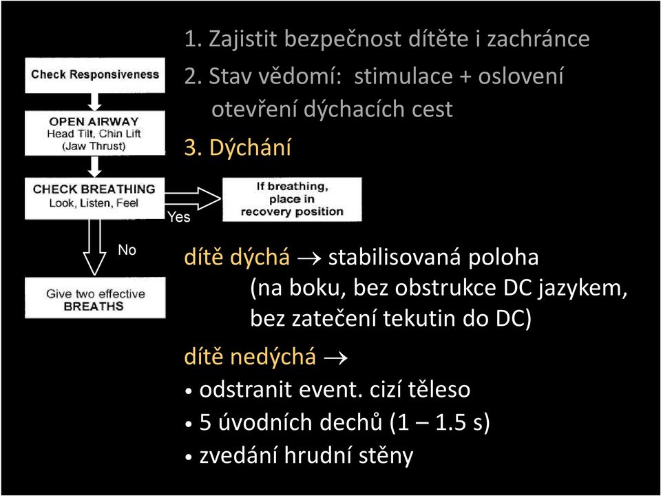 Dýchání Yes No dítě dýchá stabilisovaná poloha (na boku, bez obstrukce DC