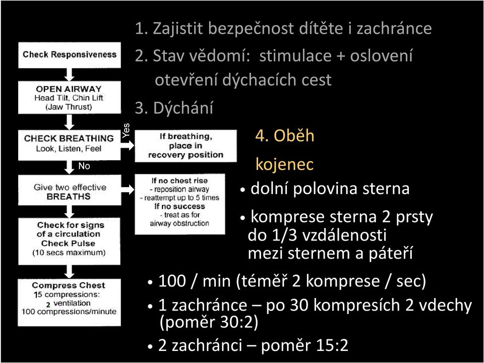 Oběh kojenec dolní polovina sterna komprese sterna 2 prsty do 1/3 vzdálenosti mezi