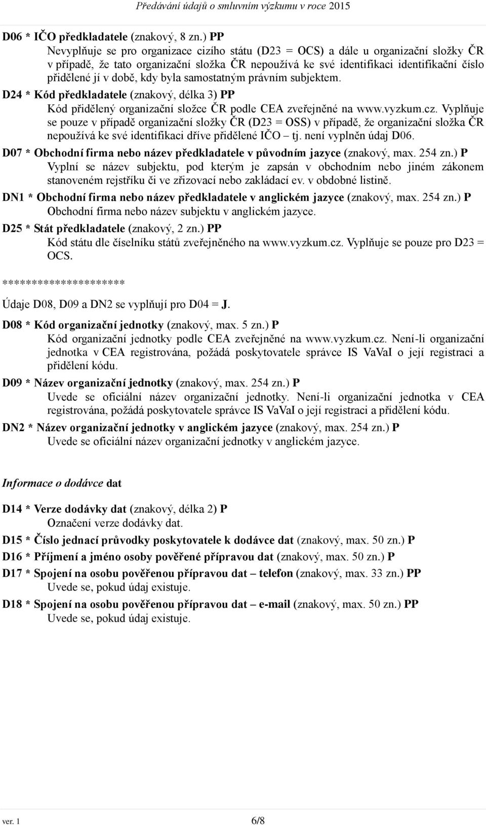 době, kdy byla samostatným právním subjektem. D24 * Kód předkladatele (znakový, délka 3) PP Kód přidělený organizační složce ČR podle CEA zveřejněné na www.vyzkum.cz.