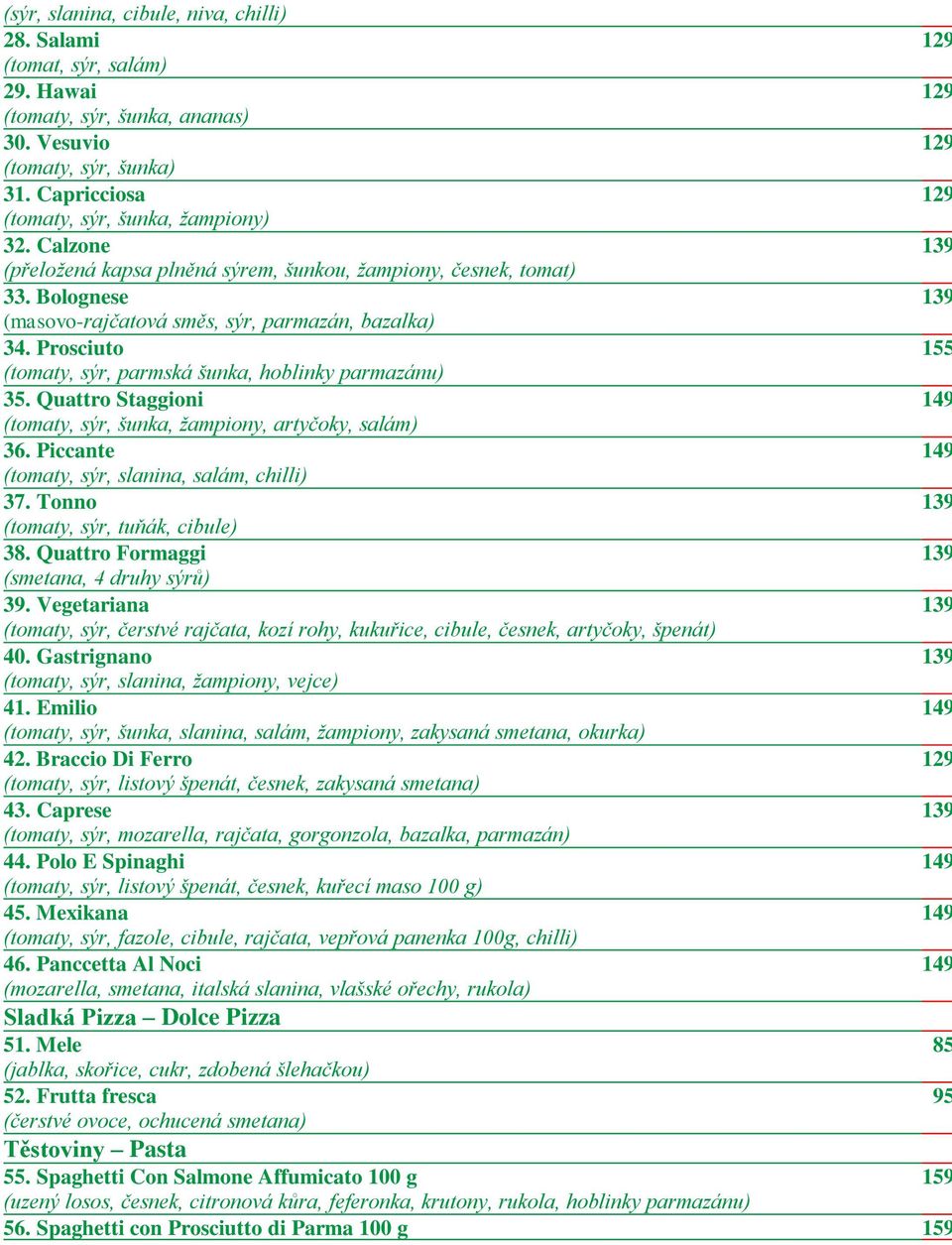 Prosciuto 155 (tomaty, sýr, parmská šunka, hoblinky parmazánu) 35. Quattro Staggioni (tomaty, sýr, šunka, žampiony, artyčoky, salám) 36. Piccante (tomaty, sýr, slanina, salám, chilli) 37.