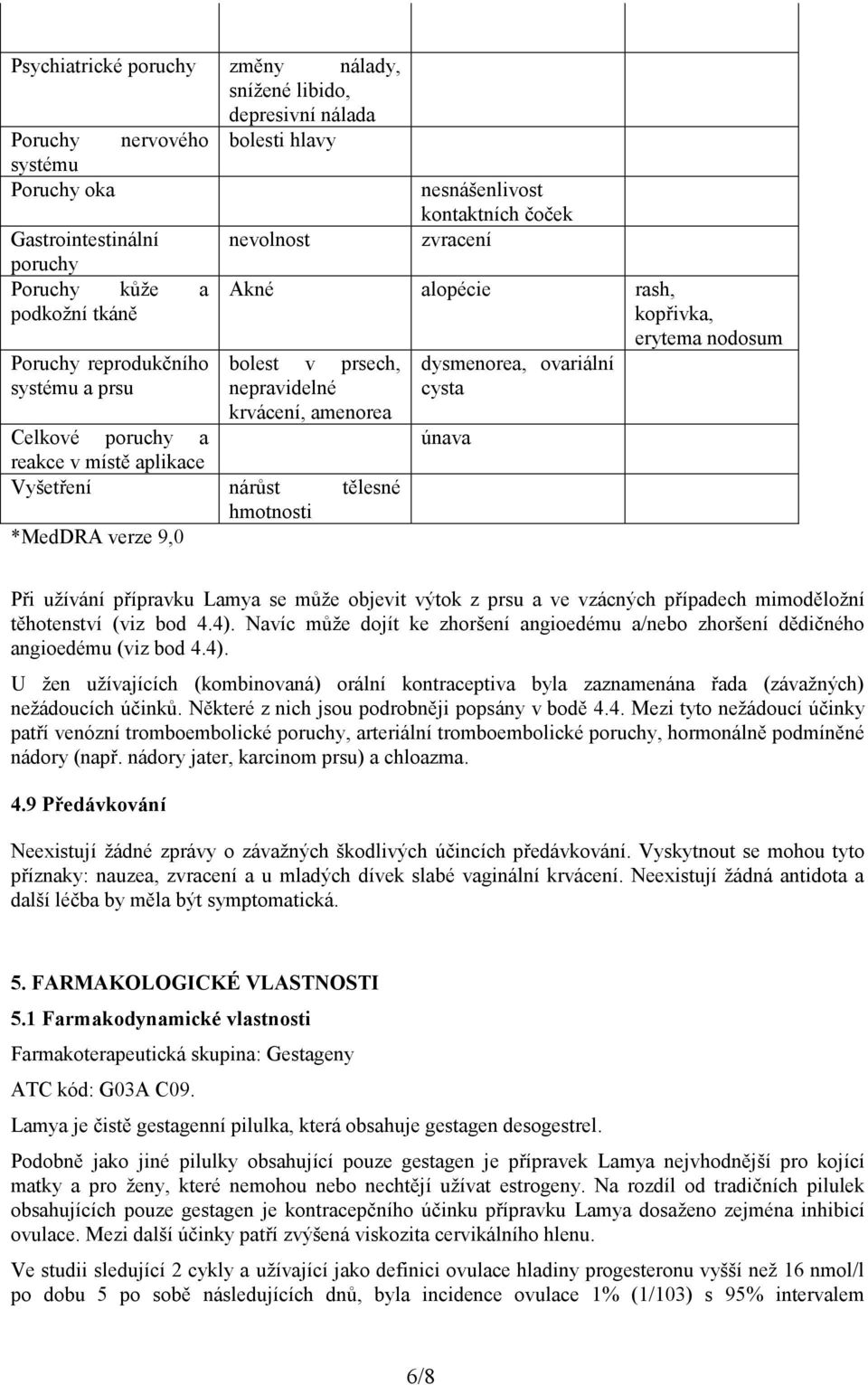 aplikace Vyšetření nárůst tělesné hmotnosti *MedDRA verze 9,0 dysmenorea, ovariální cysta únava erytema nodosum Při užívání přípravku Lamya se může objevit výtok z prsu a ve vzácných případech