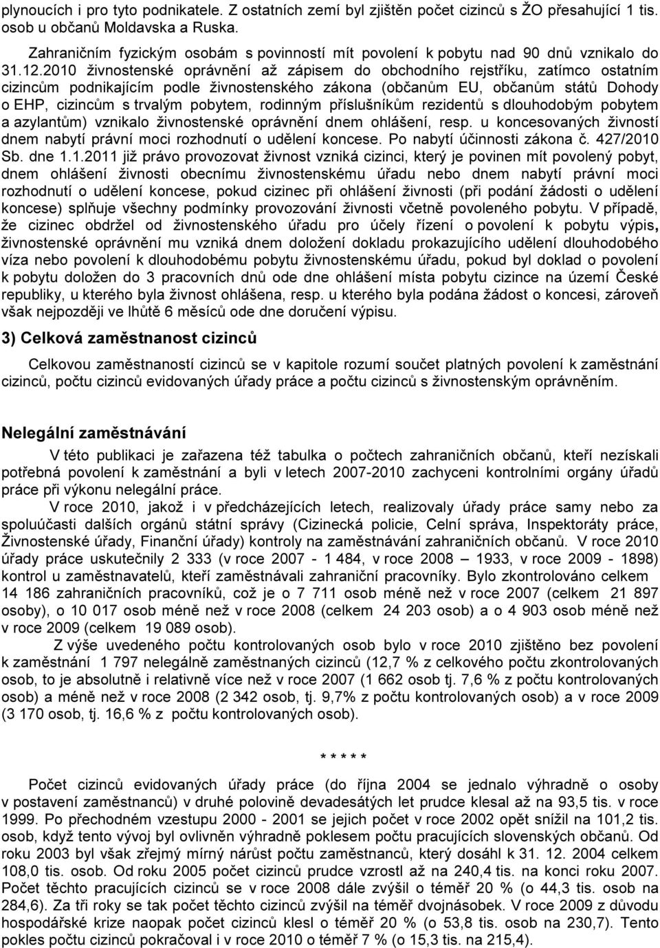 2010 živnostenské oprávnění až zápisem do obchodního rejstříku, zatímco ostatním cizincům podnikajícím podle živnostenského zákona (občanům EU, občanům států Dohody o EHP, cizincům s trvalým pobytem,
