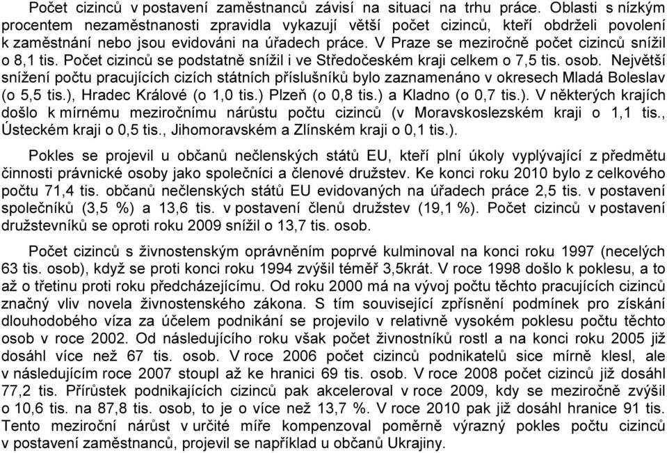 V Praze se meziročně počet cizinců snížil o 8,1 tis. Počet cizinců se podstatně snížil i ve Středočeském kraji celkem o 7,5 tis. osob.