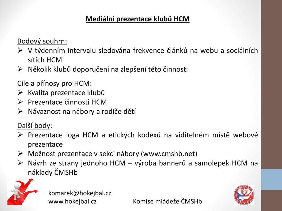 HCM Ø Návaznost na nábory a rodiče dětí Další body: Ø Prezentace loga HCM a etických kodexů na viditelném místě webové