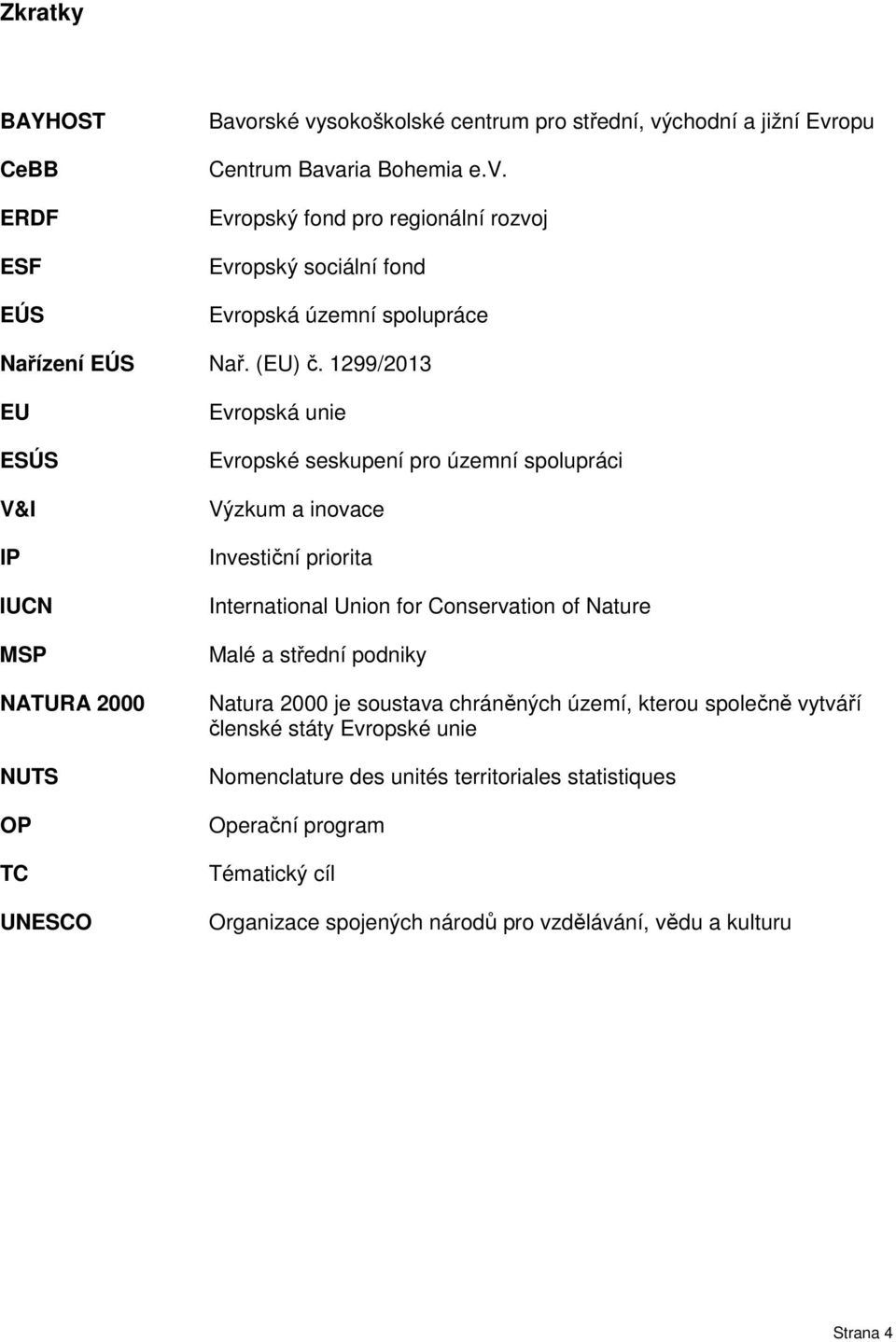 1299/2013 EU ESÚS V&I IP IUCN MSP NATURA 2000 NUTS OP TC UNESCO Evropská unie Evropské seskupení pro územní spolupráci Výzkum a inovace Investiční priorita International Union