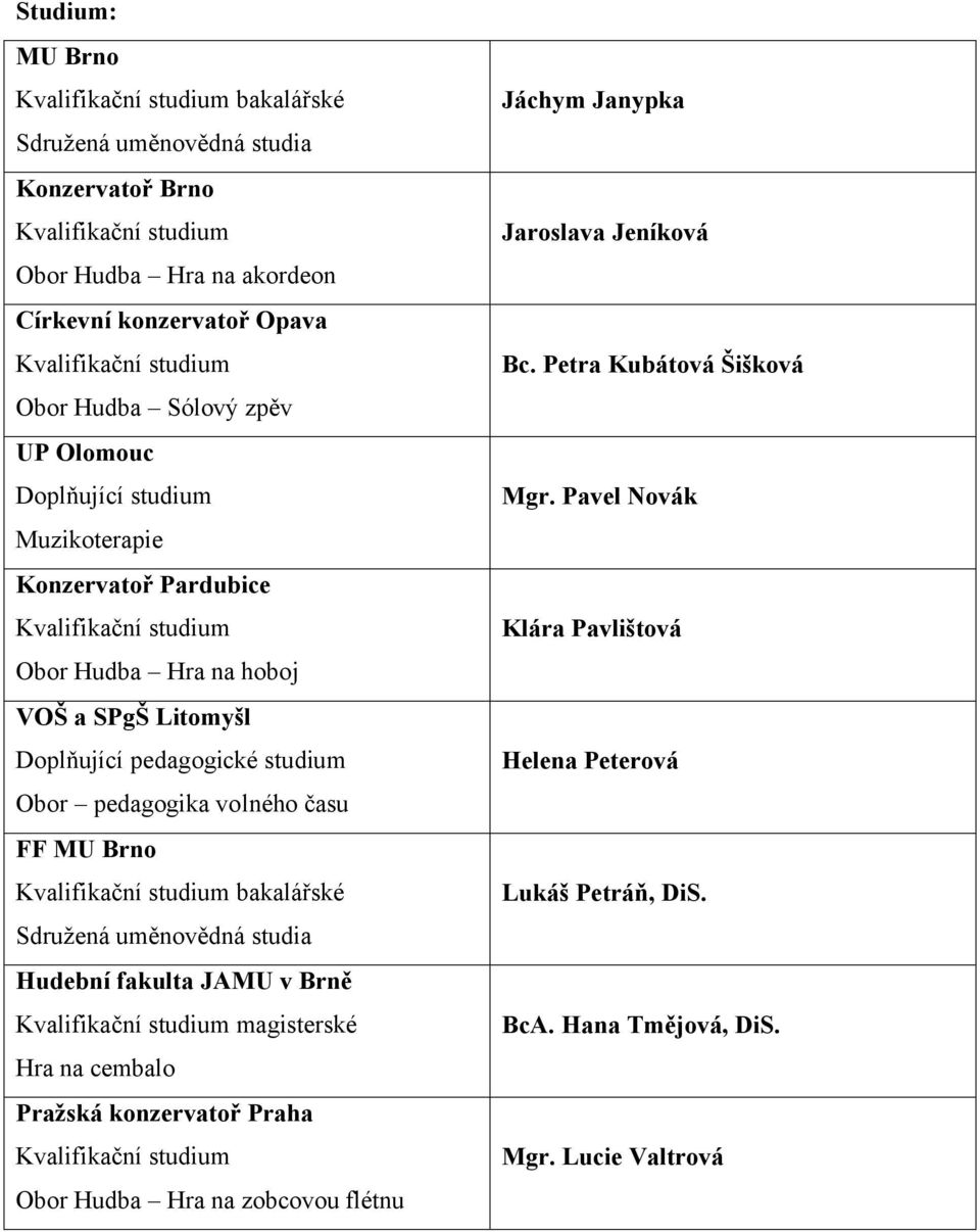času FF MU Brno Kvalifikační studium bakalářské Sdružená uměnovědná studia Hudební fakulta JAMU v Brně Kvalifikační studium magisterské Hra na cembalo Pražská konzervatoř Praha Kvalifikační studium