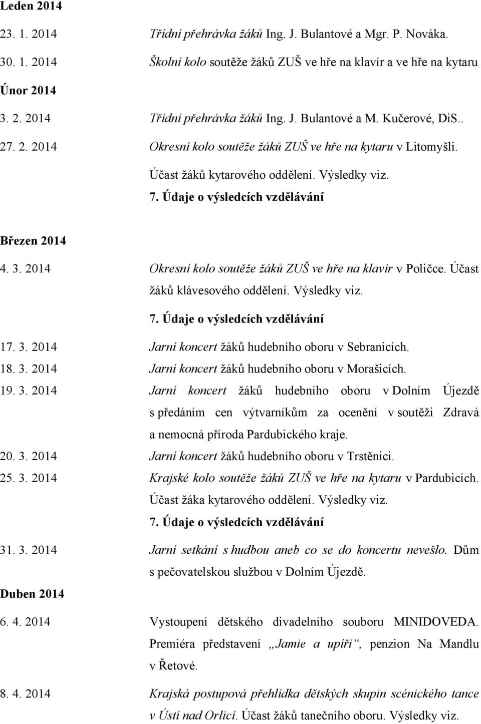 2014 Okresní kolo soutěže žáků ZUŠ ve hře na klavír v Poličce. Účast žáků klávesového oddělení. Výsledky viz. 7. Údaje o výsledcích vzdělávání 17. 3.