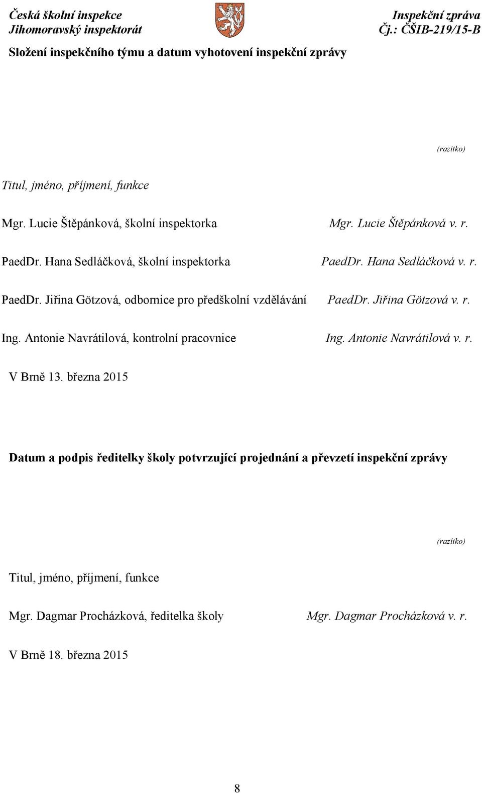 Jiřina Götzová v. r. Ing. Antonie Navrátilová, kontrolní pracovnice Ing. Antonie Navrátilová v. r. V Brně 13.