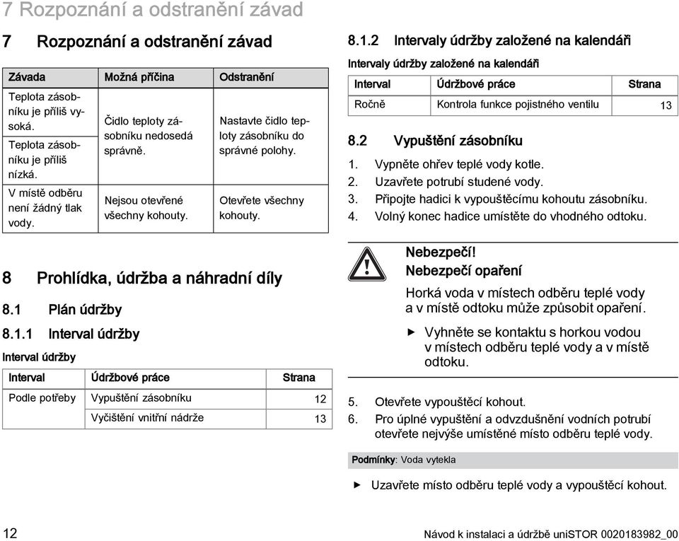 8 Prohlídka, údržba a náhradní díly 8.1 Plán údržby 8.1.1 Interval údržby Interval údržby Interval Údržbové práce Strana Podle potřeby Vypuštění zásobníku 12 Vyčištění vnitřní nádrže 13 8.1.2 Intervaly údržby založené na kalendáři Intervaly údržby založené na kalendáři Interval Údržbové práce Strana Ročně Kontrola funkce pojistného ventilu 13 8.