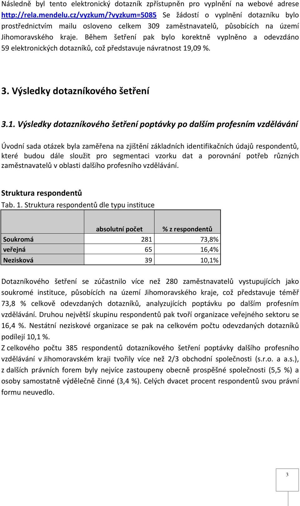 Během šetření pak bylo korektně vyplněno a odevzdáno 59 elektronických dotazníků, což představuje návratnost 19