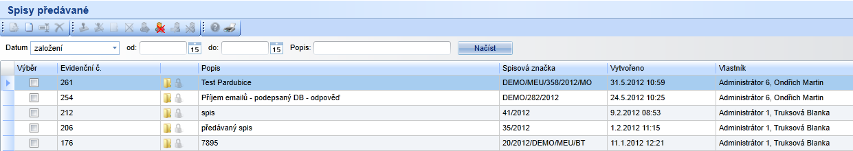 Zobrazí nápovědu VIZ NÁPOVĚDA Zobrazí tiskovou sestavu VIZ TISK 9.1.3.4 Předávané spisy Všechny spisy, které uživatel aktuálně předává jiné osobě (a ta si je ještě nepřevzala).