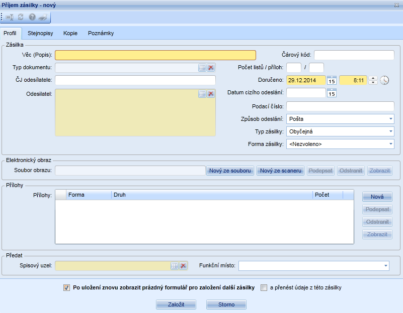Formulář je rozdělen do čtyř záložek: 1. Profil Povinná pole ve formuláři, bez jejichž vyplnění nelze zásilku založit jsou označena žlutými barvami.