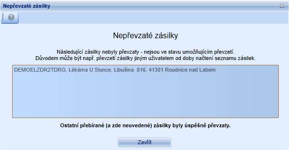 Odmítnutí převzetí (vrácení) označených zásilek - po kliknutí na ikonu je zobrazeno dialogové okno s dotazem, zda chce uživatel skutečně odmítnout převzetí vybraných zásilek.