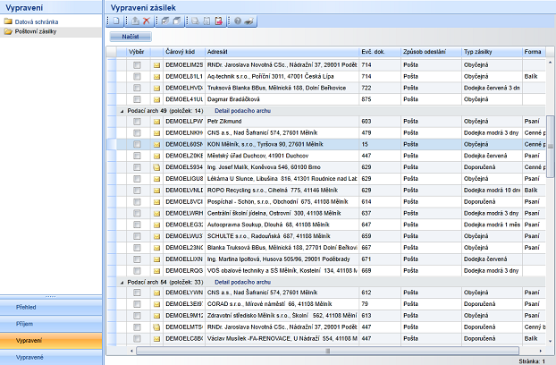 V seznamu jsou zásilky řazeny dle zařazení do podacích archů nebo jsou zde zobrazeny jako samostatné zásilky, které nejsou v žádném podacím archu.