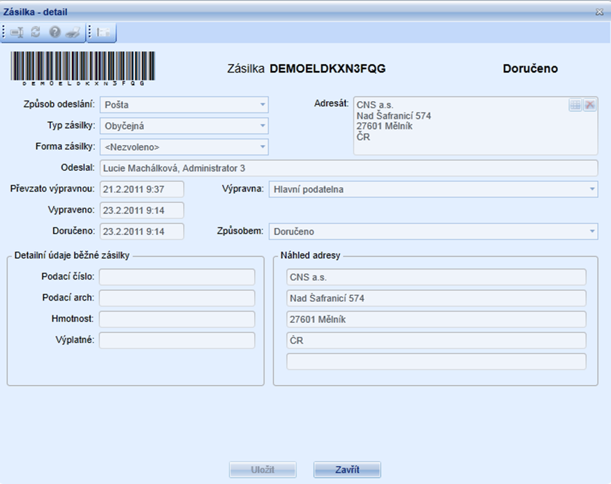 Nápověda zobrazí nápovědu Tisk - zobrazuje tiskovou sestavu. Detail zásilky: Seznam zásilek pokud je zobrazena ikona jedné obálky, jedná se o samostatnou zásilku.