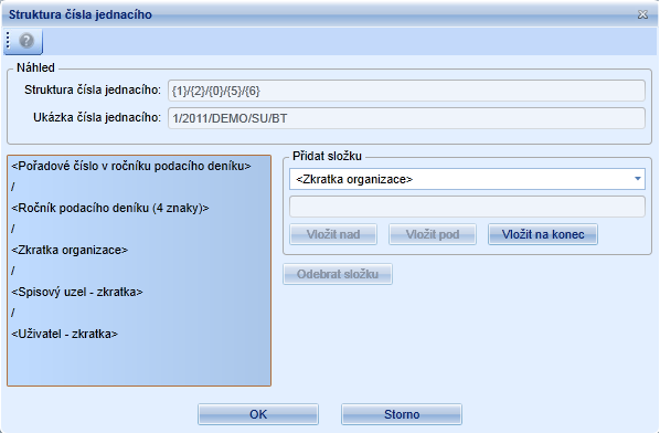 Ve formuláři je zobrazeno pole Náhled obsahující: textové pole Struktura čísla jednacího - obsahuje aktuální strukturu čísla jednacího.