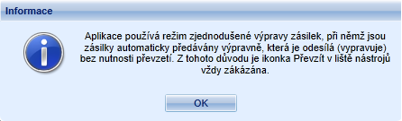 Zaškrtávací pole Zjednodušená výprava zásilek doplněné o text (výpravna bude automaticky přebírat všechny zásilky ihned po jejich vytvoření) : pokud je zaškrtnuto, není prováděno manuální převzetí