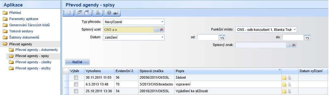 Formulář obsahuje tyto kritéria pro výběr dokumentů k převodu: Typ převodu: Nevyřízené, Vyřízené, Předávané, K převzetí (dokumenty k převzetí se po převodu zobrazí v Nevyřízených dokumentech jakoby