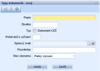 Ve formuláři jsou použity filtry: Původ dokumentu - filtruje typy dokumentu dle původu dokumentu, pro nějž jsou určeny: Dokument vlastní Dokument cizí Všechny Stav záznamu - filtruje typy dokumentu