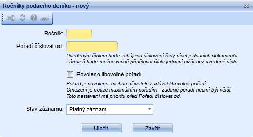 Tlačítko Nový; o číslo. Výchozí hodnotou je automaticky číslo 1. Pokud se nastaví číslo vyšší, je číslování prováděno od tohoto čísla.