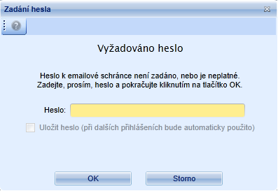 Formulář umožňuje zadání hesla k emailové schránce. Heslo lze zadat jednorázově, či s bezpečným uložením do profilu přihlášeného funkčního místa.