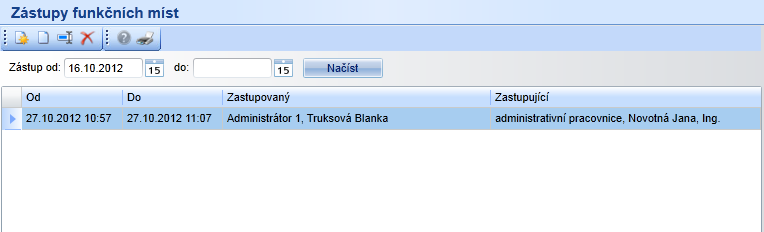 Ve formuláři je použit filtr: Funkční místo umožňuje vybrat konkrétní funkční místo a vyhledat pro něj nastavené toky dokumentů 9.5.3.6 Zástupy Formulář zobrazuje a eviduje zástupy funkčních míst.