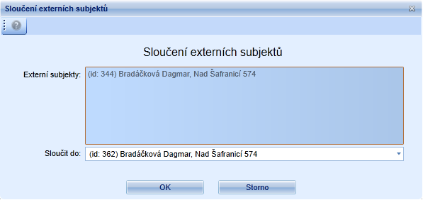 Řádky jsou sloučeny do skupin dle nalezené duplicity (tedy Názvu organizace, IČ, Jména, příjmení, ulice či části obce a obce). Z důvodů výkonu je načítáno pouze prvních 50 skupin externích subjektů.