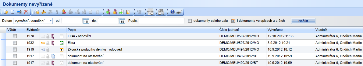 Obálka - dokument cizí (barevná) či vlastní (šedá) Značí původ cizí dokument založený z datové zprávy.