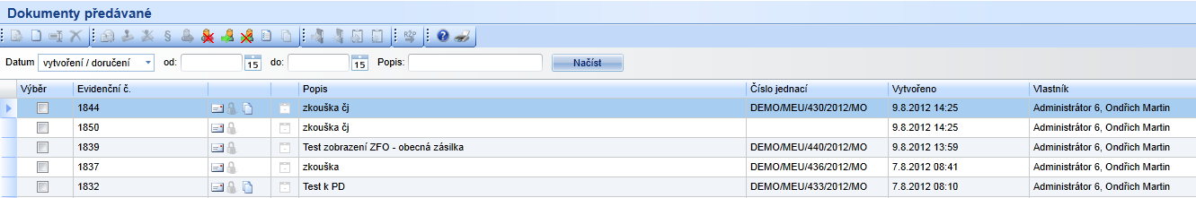 9.1.2.3 Dokumenty stornované Všechny stornované (smazané) dokumenty, které aktuálně vlastní uživatel. Zaškrtnutím filtru "dokumenty celého uzlu" (viz.