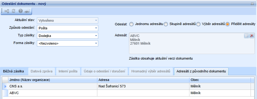 Po kliknutí na ikonu mřížky u volby Adresáta se zobrazí okno Dokumenty, kde je možné vyhledat dokument např.