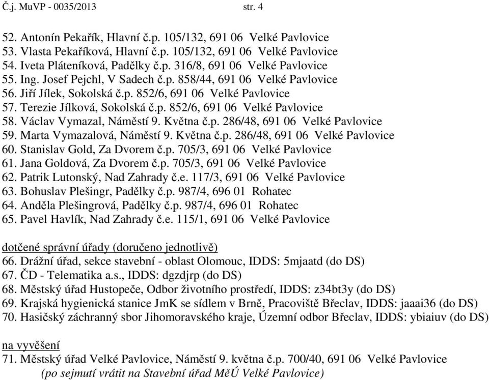 Václav Vymazal, Náměstí 9. Května č.p. 286/48, 691 06 Velké Pavlovice 59. Marta Vymazalová, Náměstí 9. Května č.p. 286/48, 691 06 Velké Pavlovice 60. Stanislav Gold, Za Dvorem č.p. 705/3, 691 06 Velké Pavlovice 61.