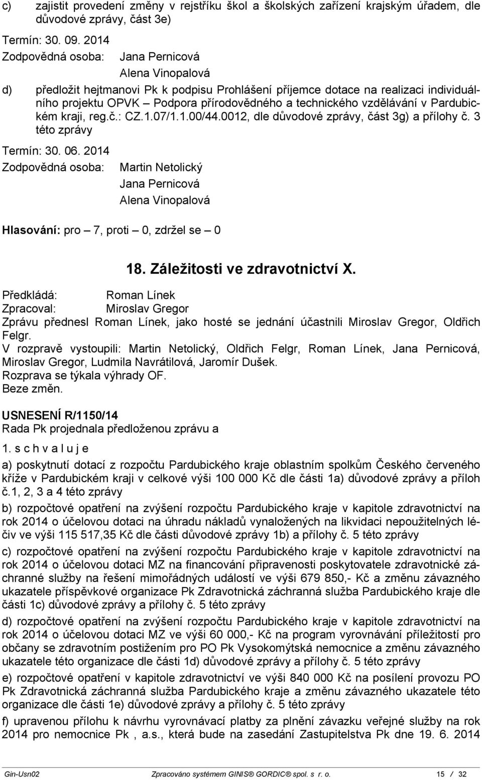 Pardubickém kraji, reg.č.: CZ.1.07/1.1.00/44.0012, dle důvodové zprávy, část 3g) a přílohy č. 3 této zprávy Termín: 30. 06. 2014 Jana Pernicová Alena Vinopalová 18. Záležitosti ve zdravotnictví X.