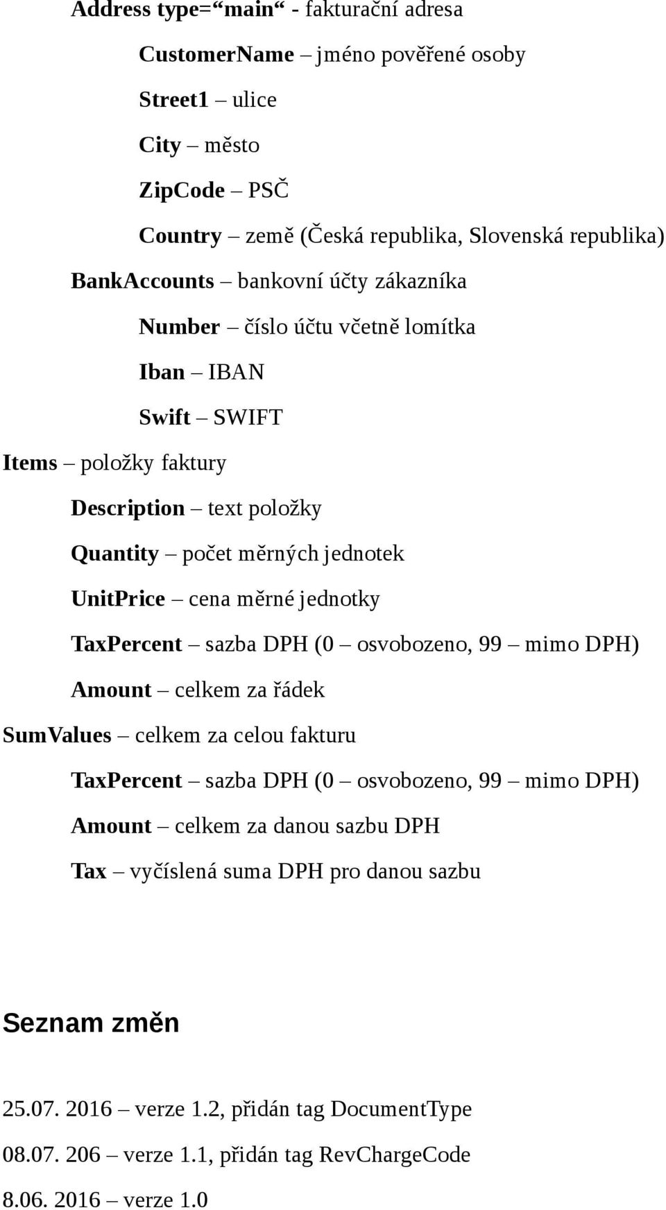 jednotky TaxPercent sazba DPH (0 osvobozeno, 99 mimo DPH) Amount celkem za řádek SumValues celkem za celou fakturu TaxPercent sazba DPH (0 osvobozeno, 99 mimo DPH) Amount celkem